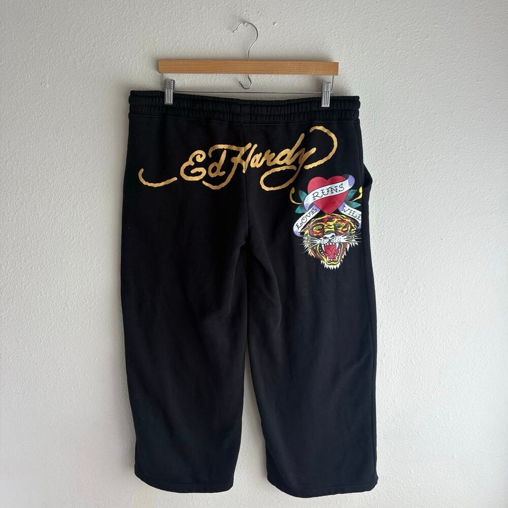 Ed Hardy wide leg Black Sweatpants tiger McBling streetwear loungewear joggers